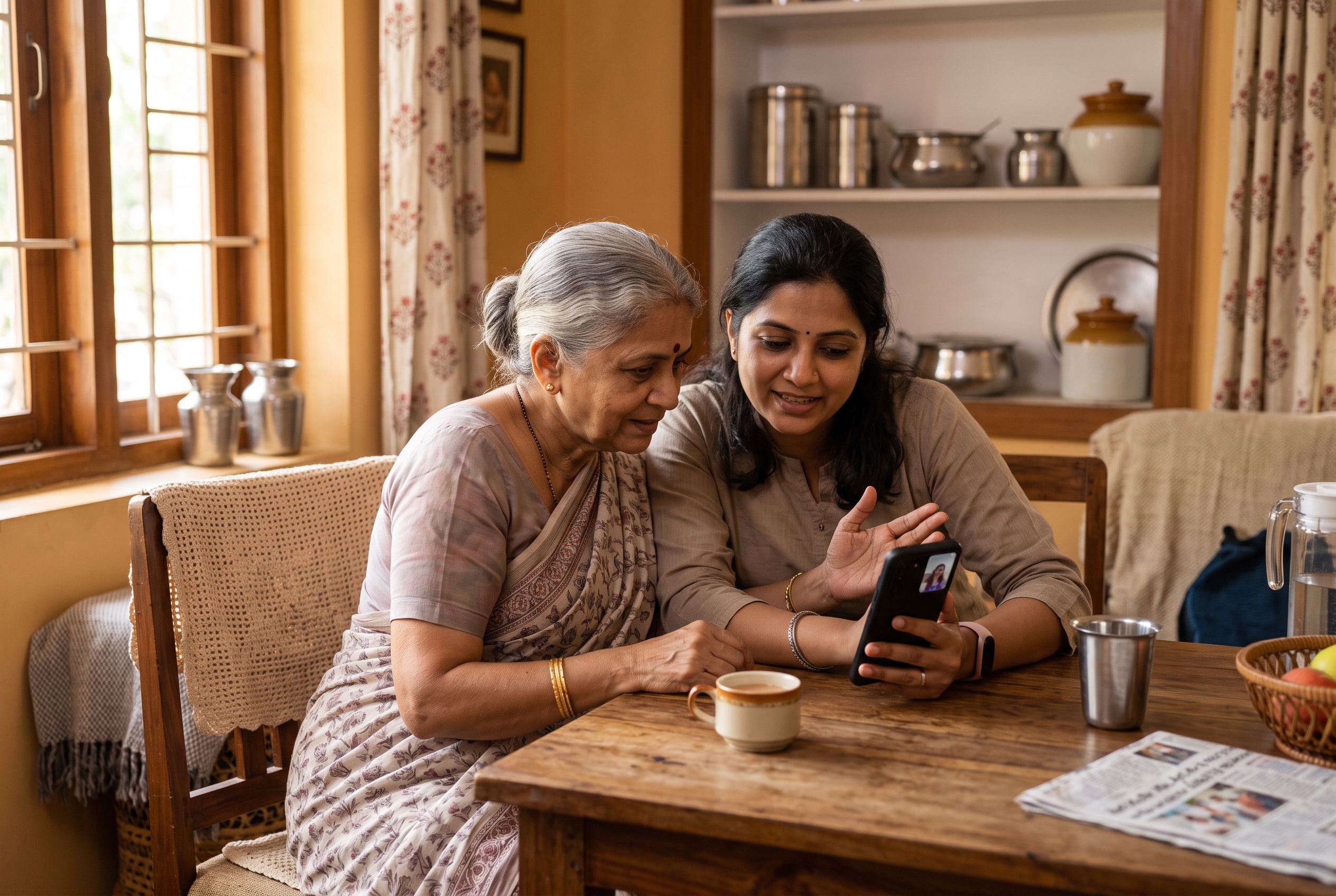 An older Indian woman at home, photographing her meal