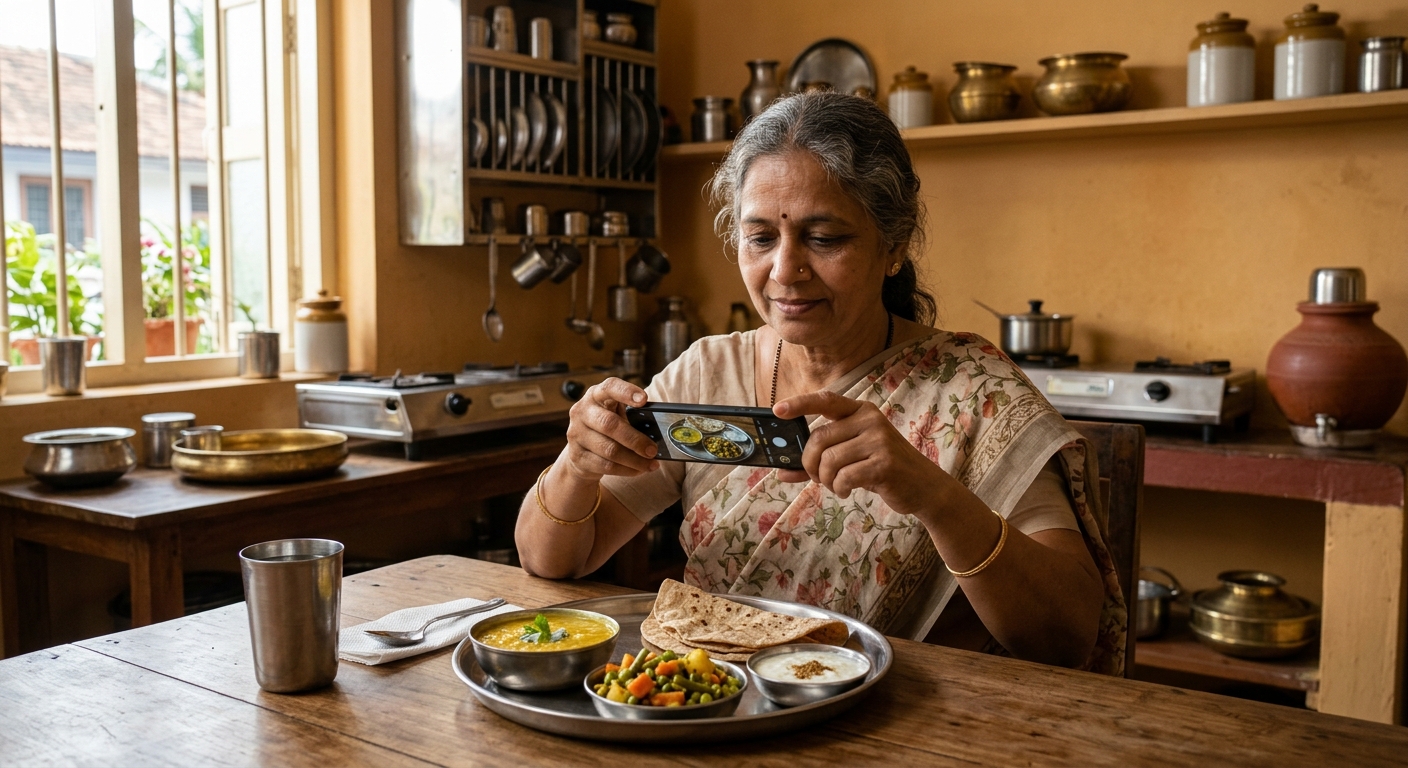 Older Indian woman photographing her steel thali at home