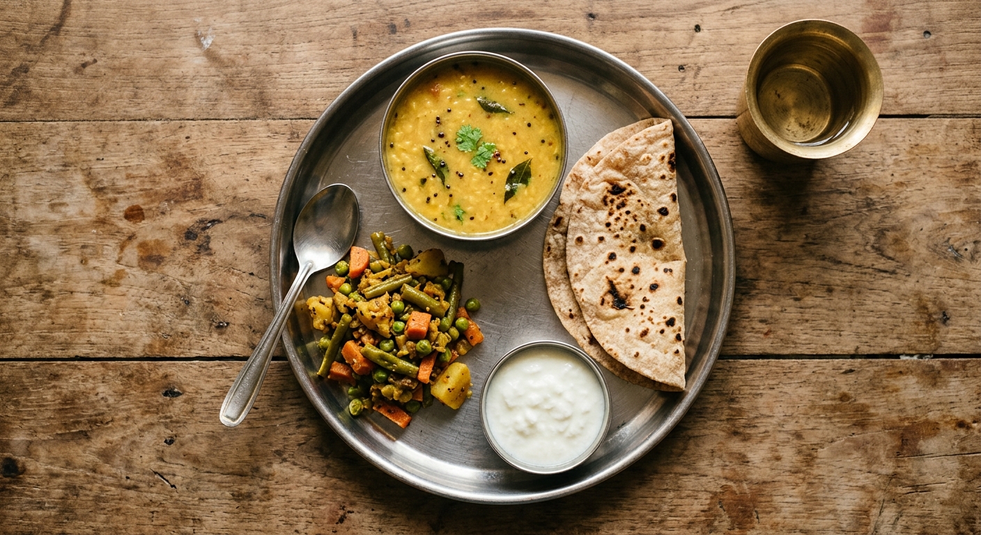 A home-cooked steel thali with dal, roti and sabzi